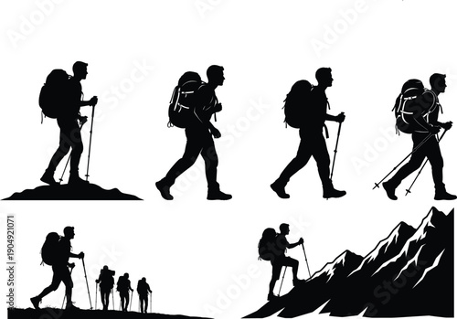 Hiking silhouettes of people walking with backpacks and trekking poles