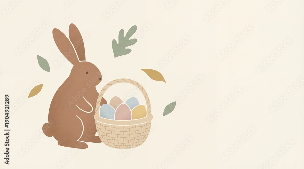 Obraz premium Brown Easter bunny illustration with basket of pastel eggs and gentle leaves. Spring holiday greeting card banner background.