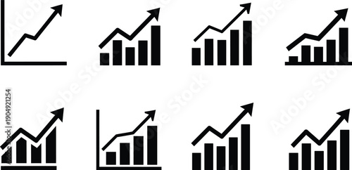 Collection of black and white business growth chart icons