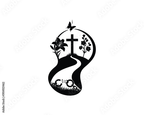 Footprint of faith with cross and floral elements