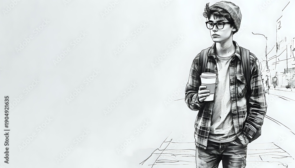 Obraz premium A pensive teenager, in hipster style, walks down the street and drinks coffee. Informal art.