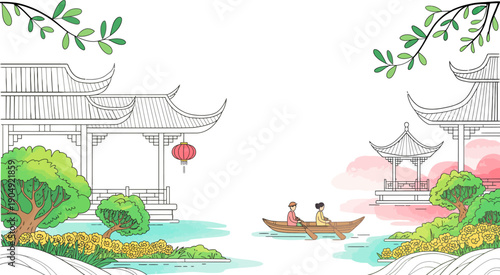 Scenic Asian riverside landscape with boat traditional pagoda buildings and floral trees peaceful nature illustration cultural travel background concept serene heritage architecture tourism art design