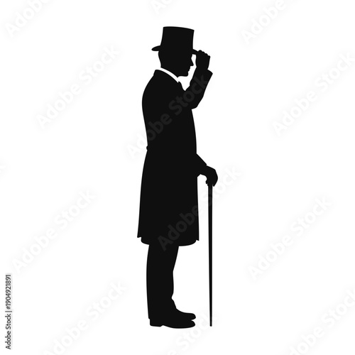 Silhouette of a Victorian Gentleman Tipping Top Hat with Walking Cane