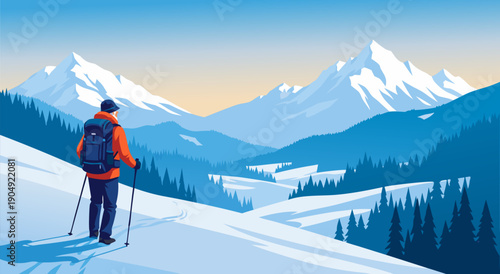 A person with a backpack and ski poles hiking up a snowy mountain trail in a scenic winter landscape vector illustration