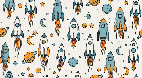 Seamless pattern of rockets, planets, and stars in a fun, retro vector illustration style, perfect for space-themed designs and backgrounds