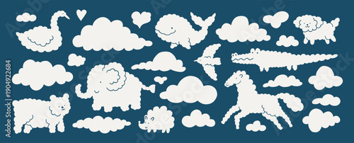 Illustration of white clouds in the shape of animals on blue background. Cloud dancer and blue colors. Different cloudy animal set. Print for kids, banner design. Elephant, horse, swan cute vector.