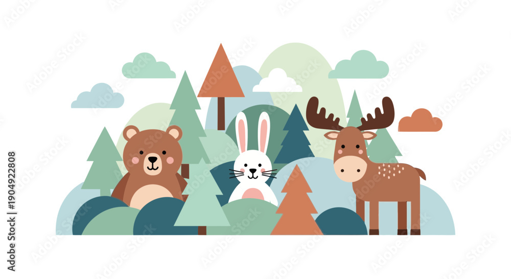 Fototapeta premium Cute Forest Animals Illustration Bear Rabbit and Moose in Woodland Scene.