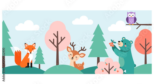 Charming Forest Scene with Fox Deer Bear and Owl Illustration.