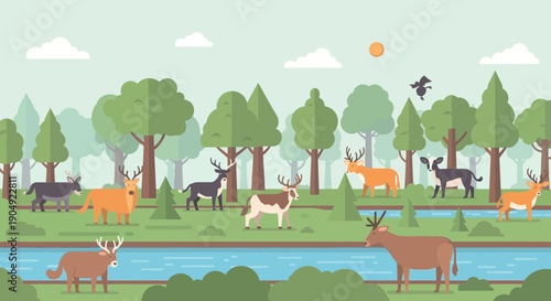 Deer Herd in Forest Illustration with River and Trees.