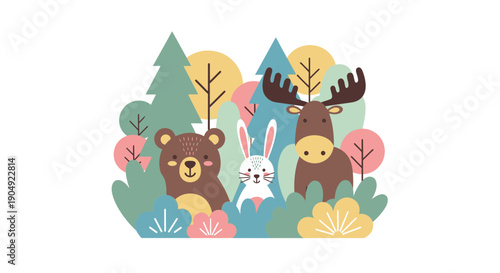 Cute Forest Animals Illustration Bear Rabbit and Moose.