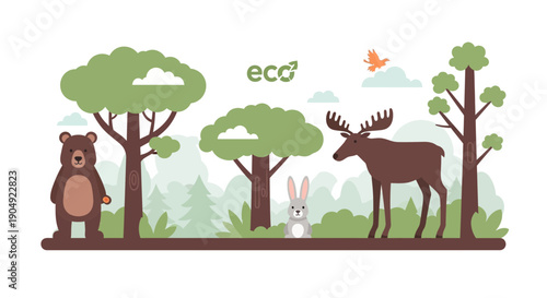 EcoFriendly Forest Scene with Wildlife Illustration.