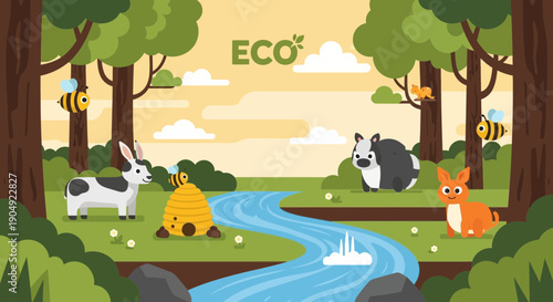 EcoFriendly Wildlife Scene Rabbits Bees Hamster Fox and Beehive by a Stream.