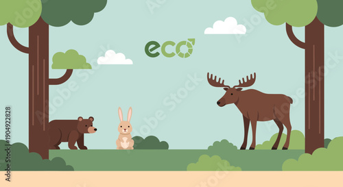 EcoFriendly Forest Scene with Bear Rabbit and Moose Illustration.