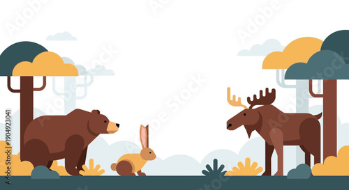 Forest Animals Bear Hare and Moose in a Natural Habitat.