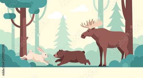 Forest Chase Rabbit Bear and Moose Encounter in the Woods.