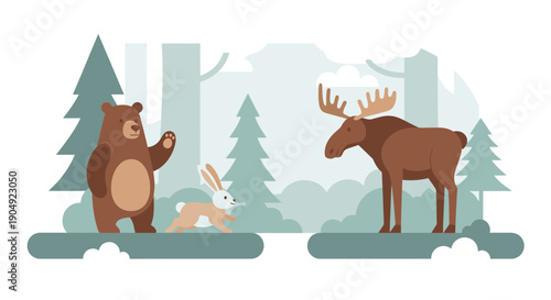 Forest Animals Illustration Bear Rabbit and Moose in Natural Habitat.