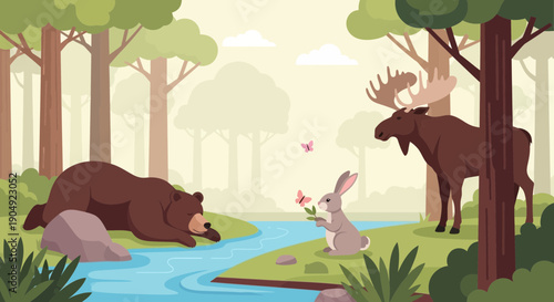 Forest Encounter Bear Moose and Rabbit in a Woodland Scene 1.