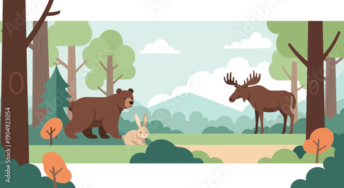 Forest Encounter Bear Moose and Rabbit in a Woodland Scene.