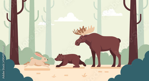 Forest Encounter Rabbit Bear Cub and Majestic Moose.