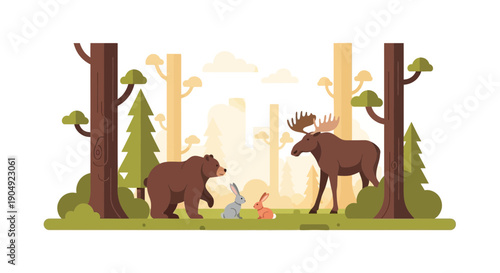 Forest Encounter Bear Moose and Rabbits in a Woodland Scene.
