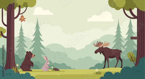 Forest Wildlife Scene Bear Rabbit Squirrel and Moose Illustration.