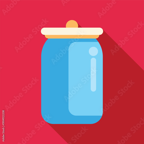Blue jar container with a yellow lid and long shadow on red background