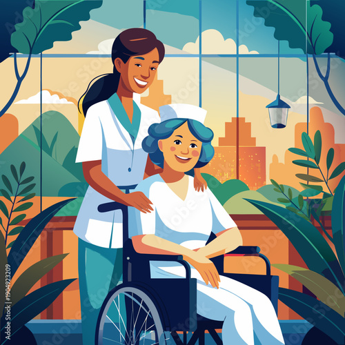Caregiver helps elderly woman in wheelchair during sunny afternoon in garden setting with cityscape in background Generative AI