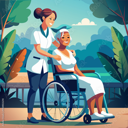 Nurse helping elderly woman in wheelchair at a park during daytime near trees and open space Generative AI