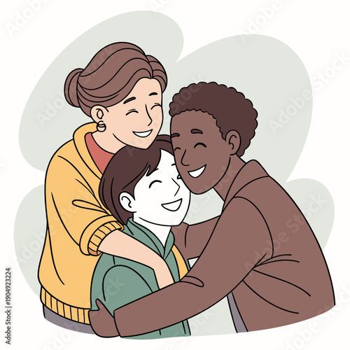 Group of three people sharing a moment of joy in a warm setting with smiles on their faces Generative AI