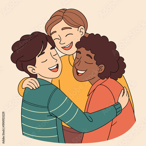 Three friends share a happy moment while hugging each other and smiling together indoors at home in the afternoon Generative AI