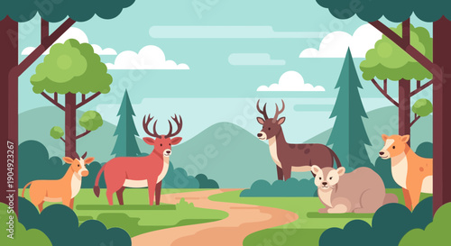 Wildlife Scene Deer Fox and Badger in a Forest Clearing.