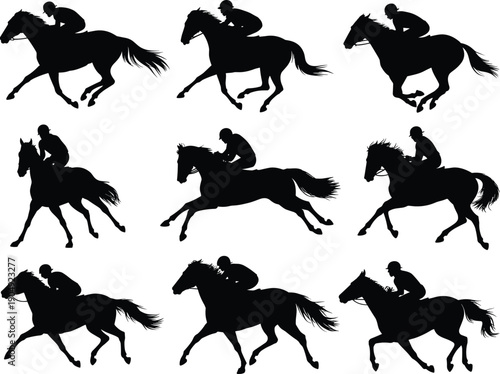 Horse racing silhouettes collection, jockey riding galloping racehorses, equestrian sport action poses, black thoroughbred illustration vector set