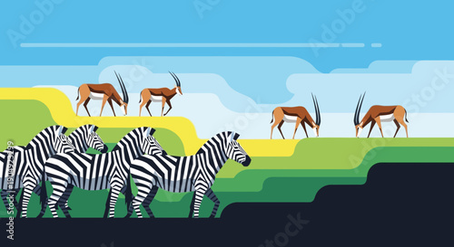 Zebras and Antelopes Grazing in the African Savannah Illustration.