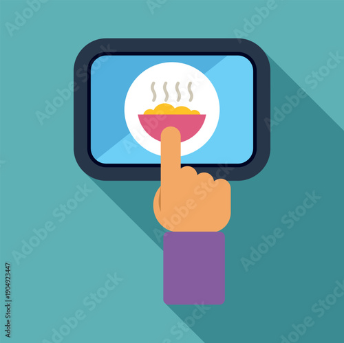 Hand tapping on a tablet screen, selecting hot food for online delivery service