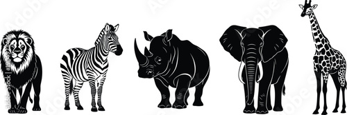Black and white vector illustration of African animals, lion zebra rhino elephant giraffe, wildlife silhouette artwork, savanna nature theme, safari design