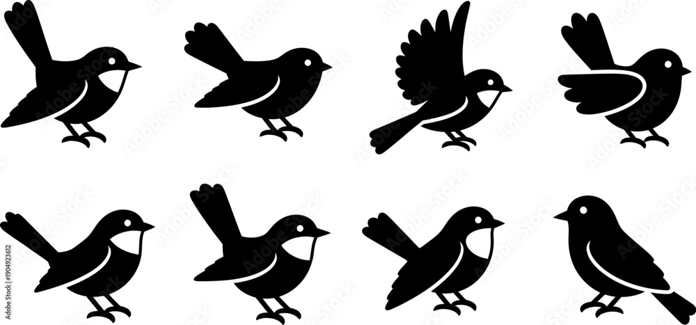 Obraz premium Eight black silhouettes of birds in various poses and angles featuring a silhouette