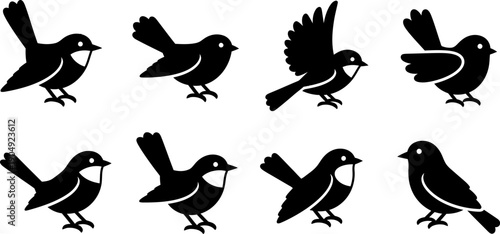 Eight black silhouettes of birds in various poses and angles featuring a silhouette