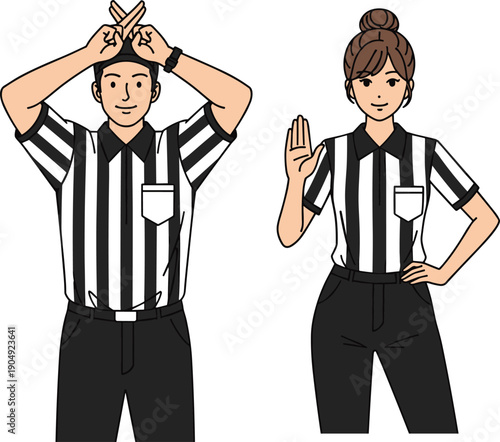 Cartoon referees vector illustration, sports officials making hand signals, black and white striped uniform, whistle communication gesture, professional referee cartoon artwork, game rules enforcement