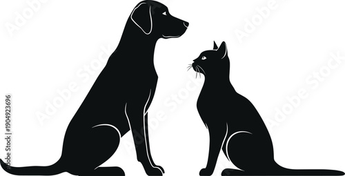 Silhouette dog and cat vector illustration, domestic pets sitting together, black animal shapes, companionship design, pet care concept, minimal line art style