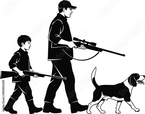 Silhouette hunting family with child and dog, outdoor rifle adventure, father leading tradition, beagle alert, black and white vector illustration