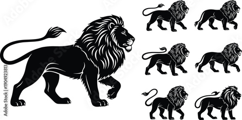 Stylized lion silhouette vector illustration set, walking lion poses, majestic mane artwork, animal motion graphics, wildlife design elements, branding, educational resource