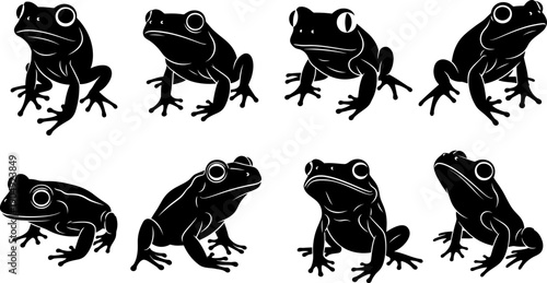 Seven black silhouette frogs in various poses on white background