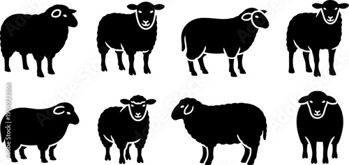 Seven black sheep silhouette illustrations on white background