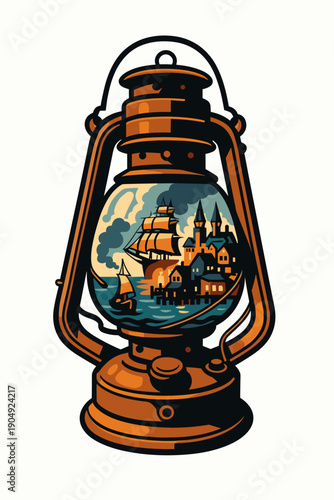 Vintage Oil Lantern Featuring Sailing Ship Scene, Nautical Adventure and Harbor Glow