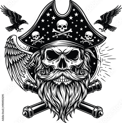 Detailed pirate captain skull vector illustration with long beard, tricorn hat, crossed cannons, raven birds, and nautical wings for maritime adventure designs.