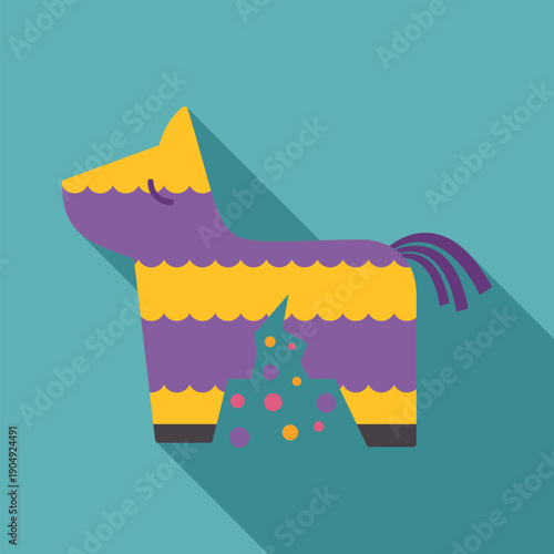 Bright pinata shaped like a donkey breaking open with candies falling out