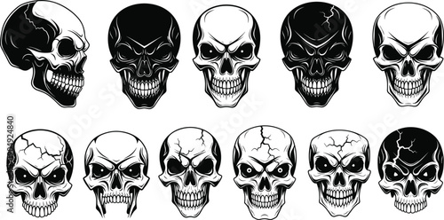 Aggressive human skull vector collection, gothic cracked death head set, black and white tattoo art illustrations, macabre anatomy design elements for spooky halloween posters.