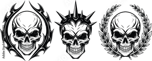 Aggressive human skull emblems collection, spiked crown and laurel wreath vector set, gothic tattoo art, black and white macabre death head illustrations.