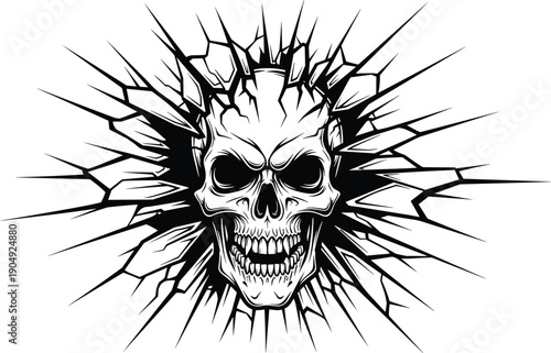 Aggressive human skull vector illustration breaking through a cracked wall with sharp glass shards, dark gothic line art for edgy tattoo designs.