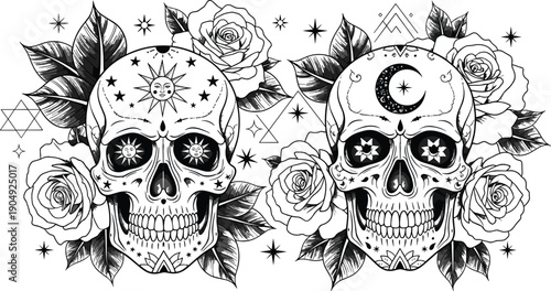 Celestial sun and moon skulls vector illustration with roses, mystical stars, and occult symbols, hand drawn black and white line art design